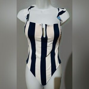 WET Designer Swimwear One Piece Navy Stripe Swimsuit Size Large NWT